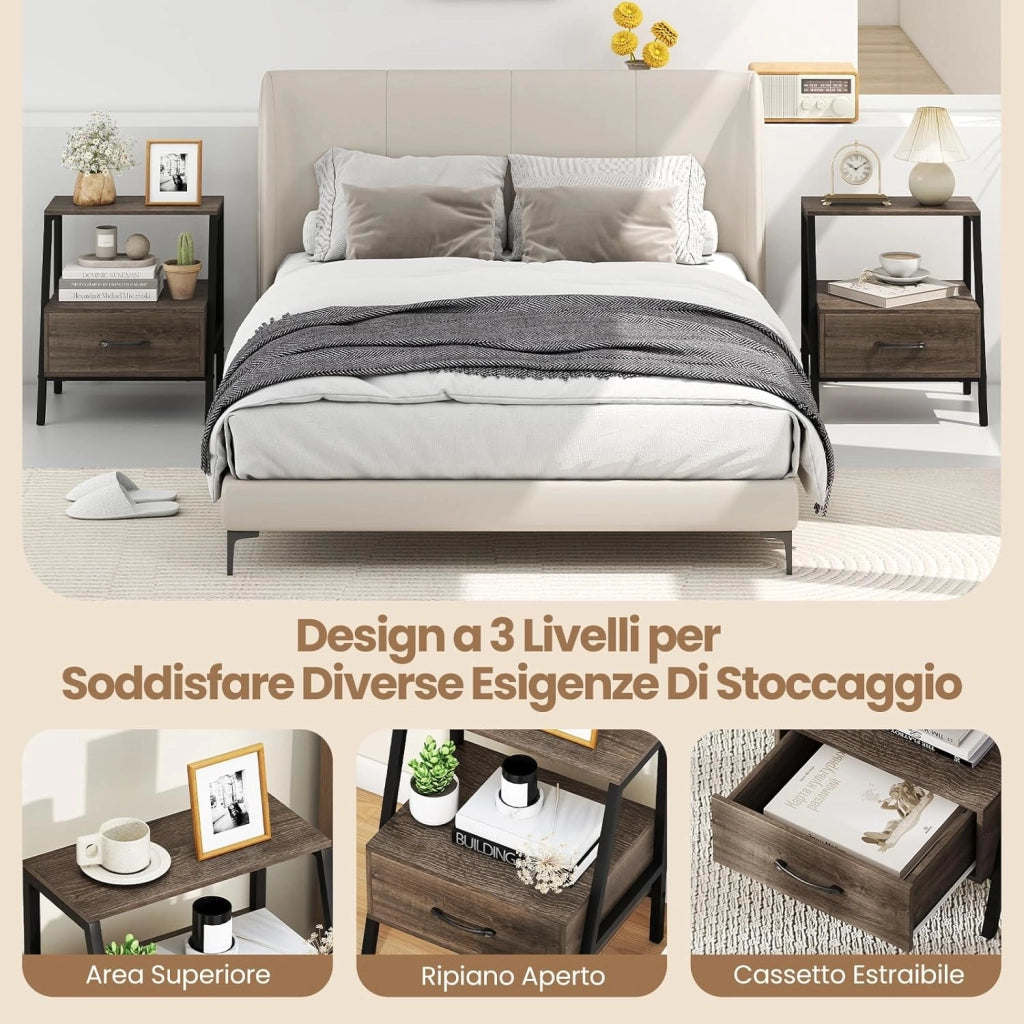Comodino Moderno 45 x 35 x 52,5 cm, Tavolino da Letto a 3 Livelli con Ripiano Aperto e Telaio in Metallo Robusto per Camera da Letto, Ufficio e Soggiorno, Grigio