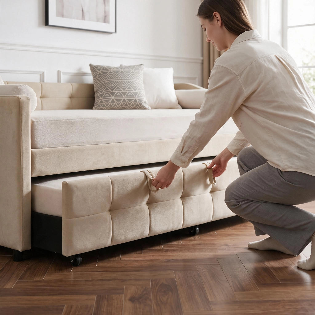 Divano letto matrimoniale 90x200cm;Estensibile in orizzontale;Non sollevabile;Velluto;Beige