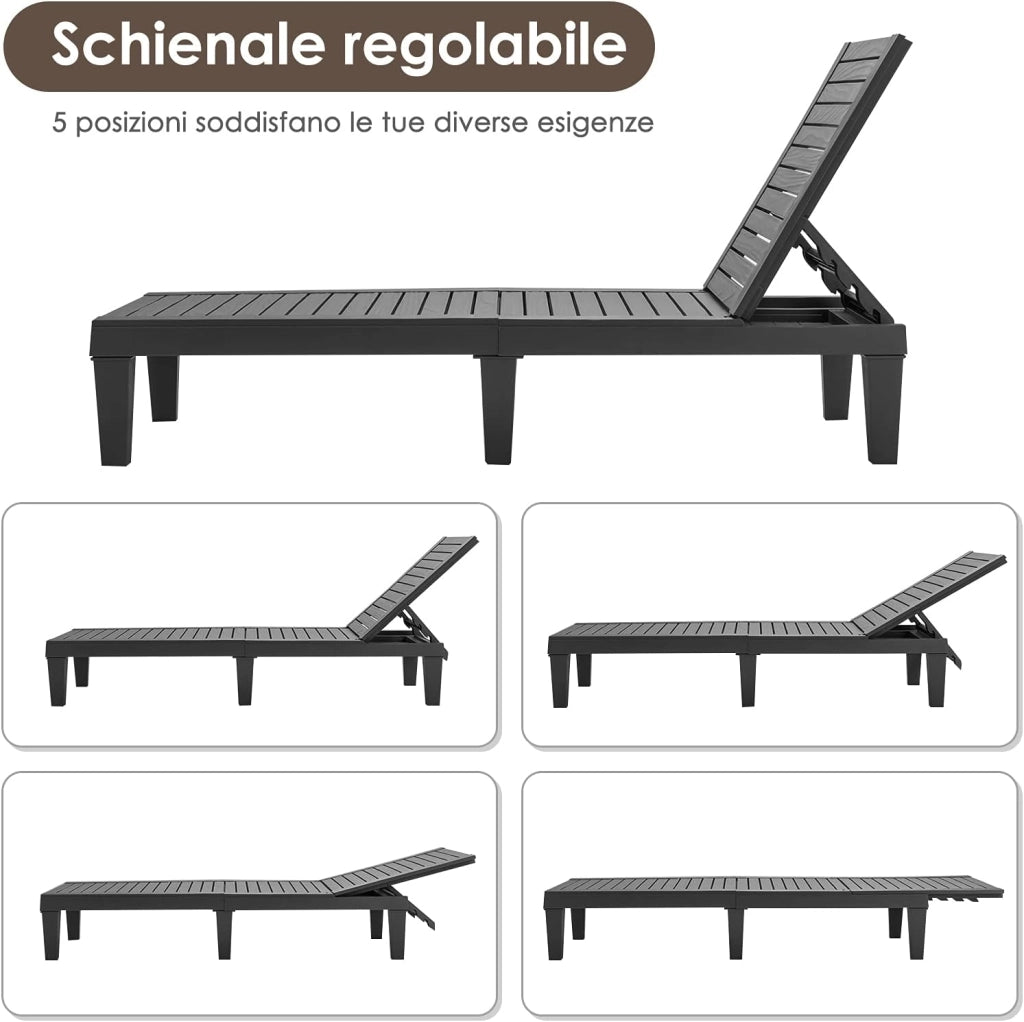 Lettino Prendisole da Giardino, Sdraio da Giardino Con Schienale Regolabile a 5 Livelli, Chaise Longue Impermeabili da Esterno, per Spiaggia Piscina Giardino, Portata 180 kg (1, Nero)