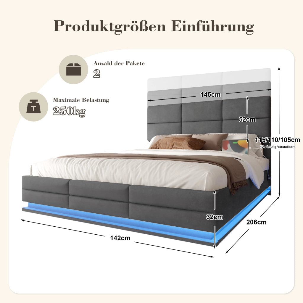 OKWISH Letto Contenitore 140×200 cm, Letto Matrimoniale con USB, Tipo C, LED Regolabile e Testiera Regolabile, senza Materasso, in Velluto, Grigio Scuro