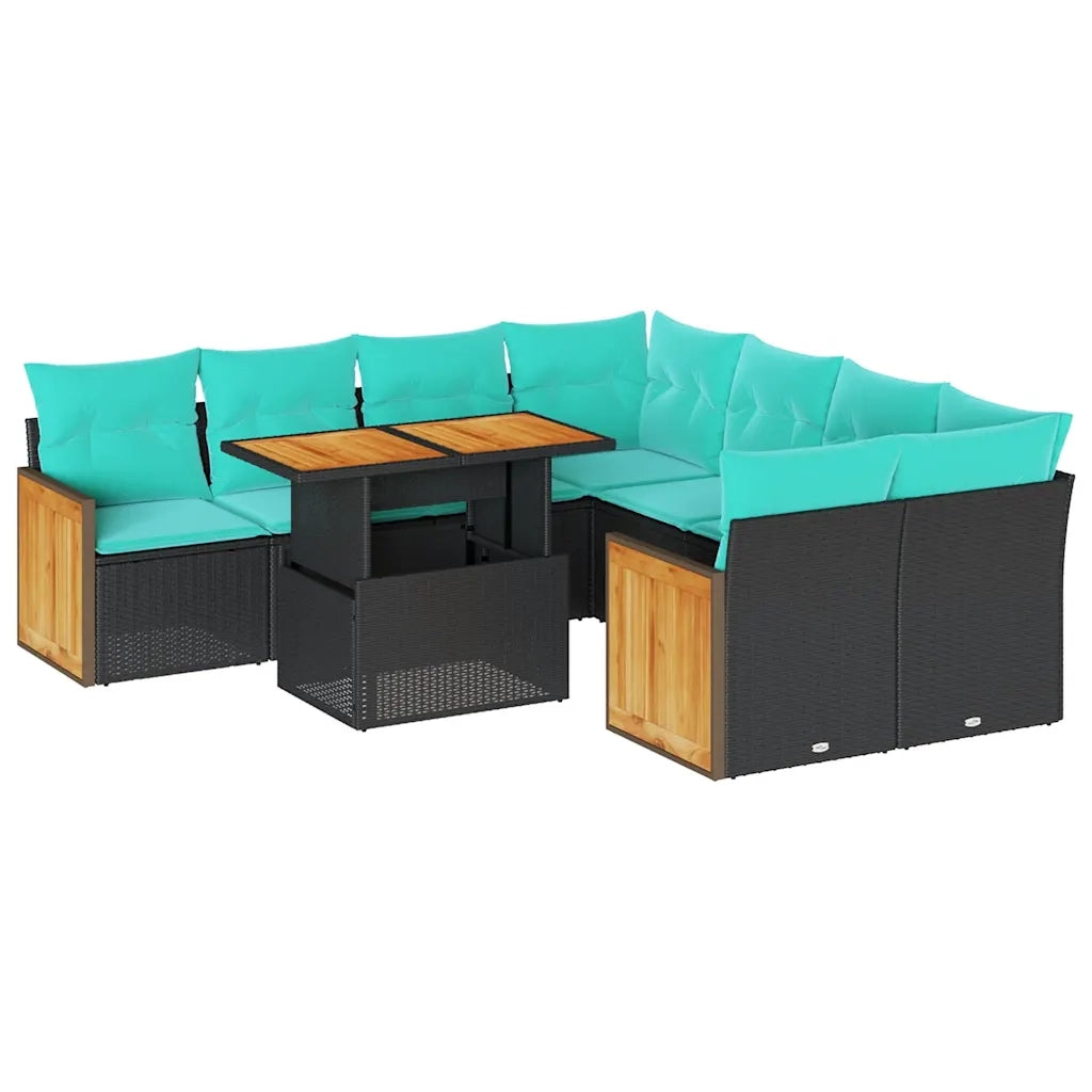 Set Divani da Giardino 9 pz con Cuscini Nero Polyrattan Acacia 3327690