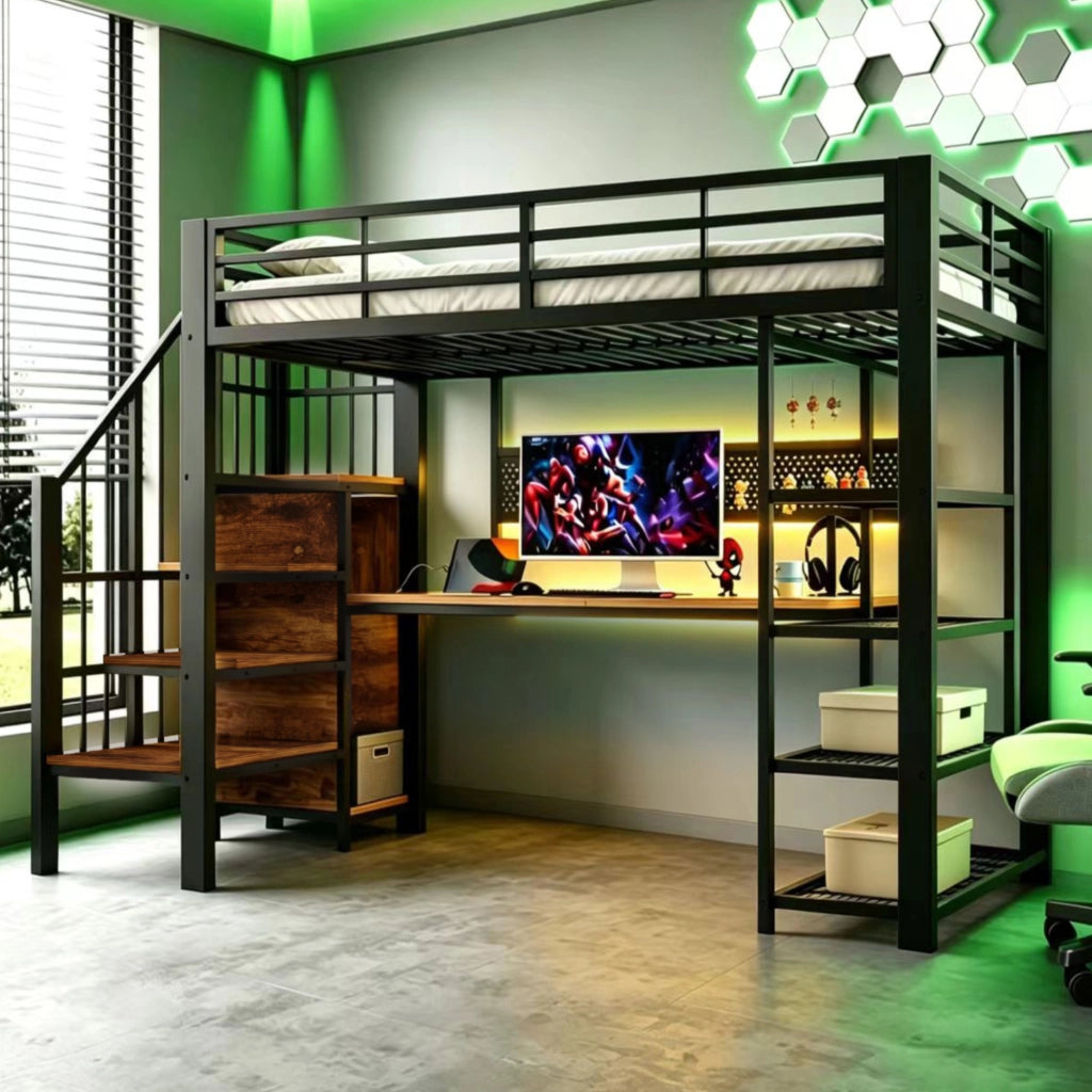 Letto a soppalco multifunzione 90x200 cm in metallo e legno, con scala contenitore, LED, prese e mensole, nero