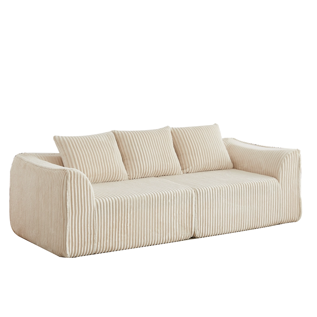 Divano modulare in ciniglia con braccioli e schienale curvi, seduta ampia e imbottitura in schiuma beige