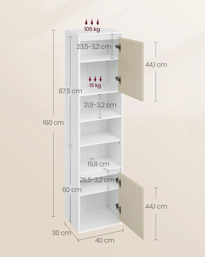 VASAGLE KAILYN Collezione - Mobiletto da Bagno, Mobile da Parete o Terra, Ante a Apertura Regolabile, 7 Scomparti, 3 Ripiani Regolabili, 30 x 40 x 160 cm, Bianco Nuvola e Beige Naturale BBK762N01