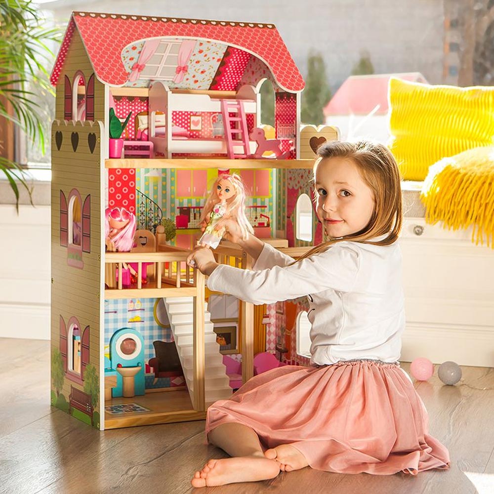 Casa Bambole in Legno Giocattolo Bambini 3 piani con Mobili e Accessori 60x30x90