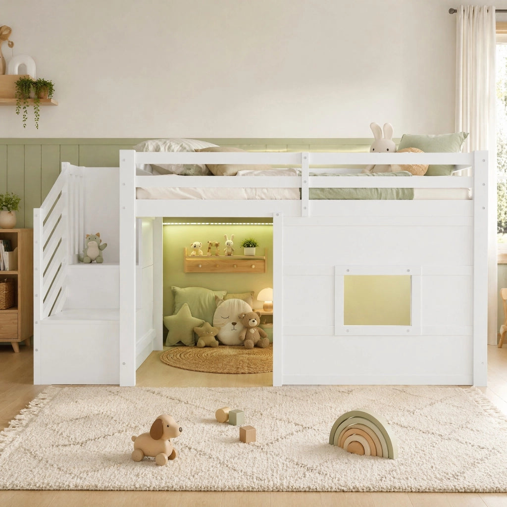 LETTO A CASTELLO 90 x 200 cm con scala contenitore, finestra e LED, Bianco