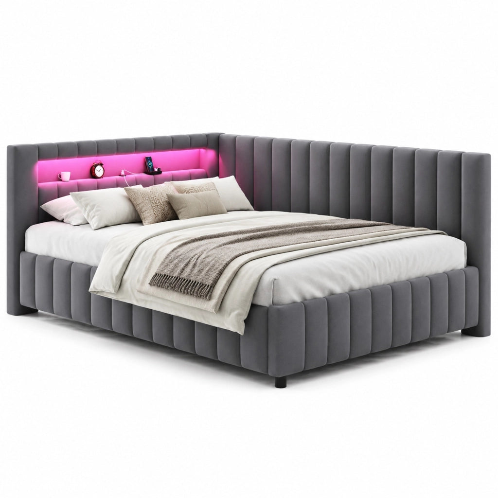 Divano letto imbottito a L 140x200 in velluto con LED e USB Grigio