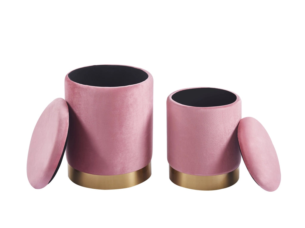 Set Di 2 Pouf Contenitore In Velluto Design Moderno Poggiapiedi,Sgabello Tondo con Coperchio Rimovibile e Seduta Imbottita Alta Densità Con Fascia In Metallo Capiente Storage Box  - Rosa Antico