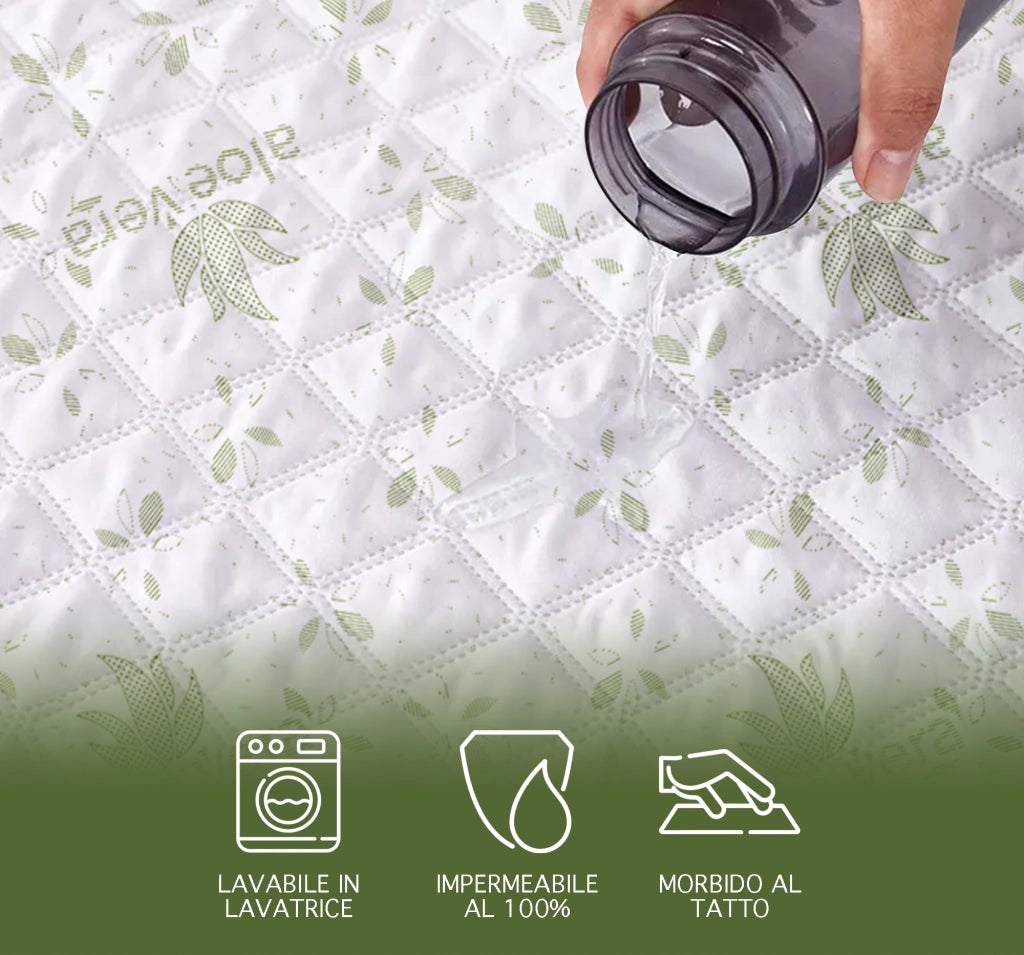 Coprimaterasso Trapuntato Impermeabile Aloe Vera Micro Traspirante Silenzioso Barriera Liquidi Lenzuolo Angoli Elasticizzati SalvaMaterasso Poliestere Bianco  Bianco - 160x200+30cm