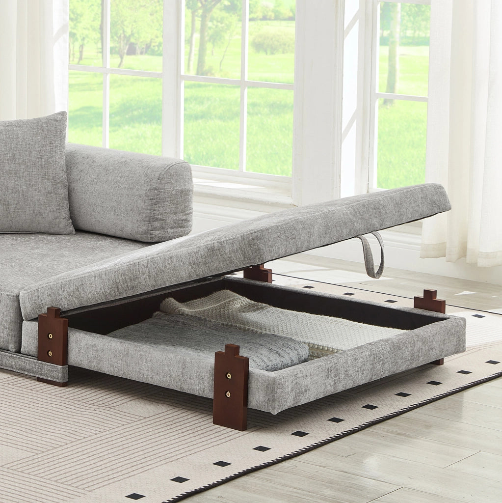 Divano letto compatto grigio chiaro in tessuto con USB Type-C e vano contenitore