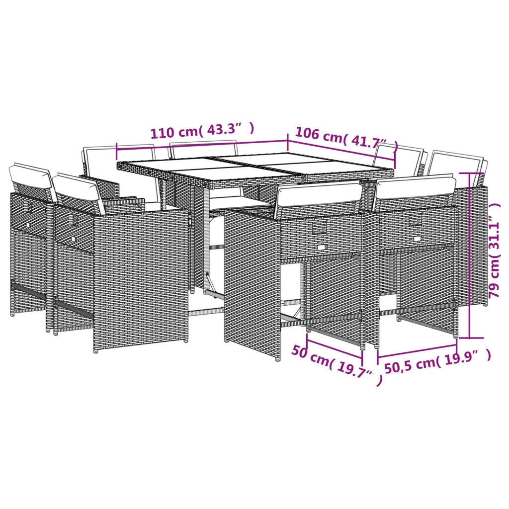 Set da Pranzo da Giardino 9 pz con Cuscini Nero in Polyrattan 3277970
