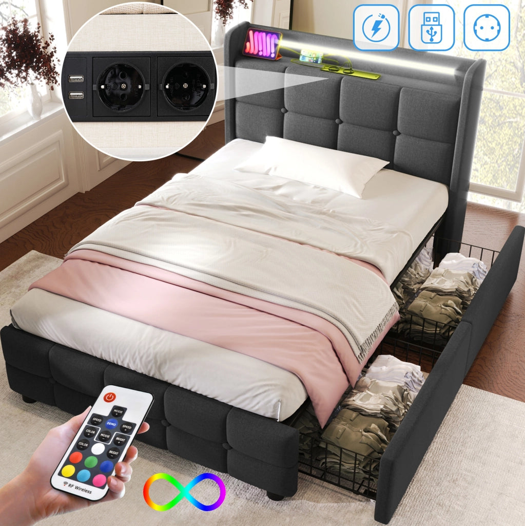 Letto singolo 90x200 cm con testiera USB; luci LED e 2 cassetti; grigio