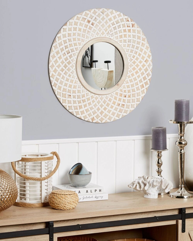 Specchio da parete in marrone chiaro rotondo 60 cm cornice fatta a mano bianco quadrifoglio motivo geometrico Boho rustico