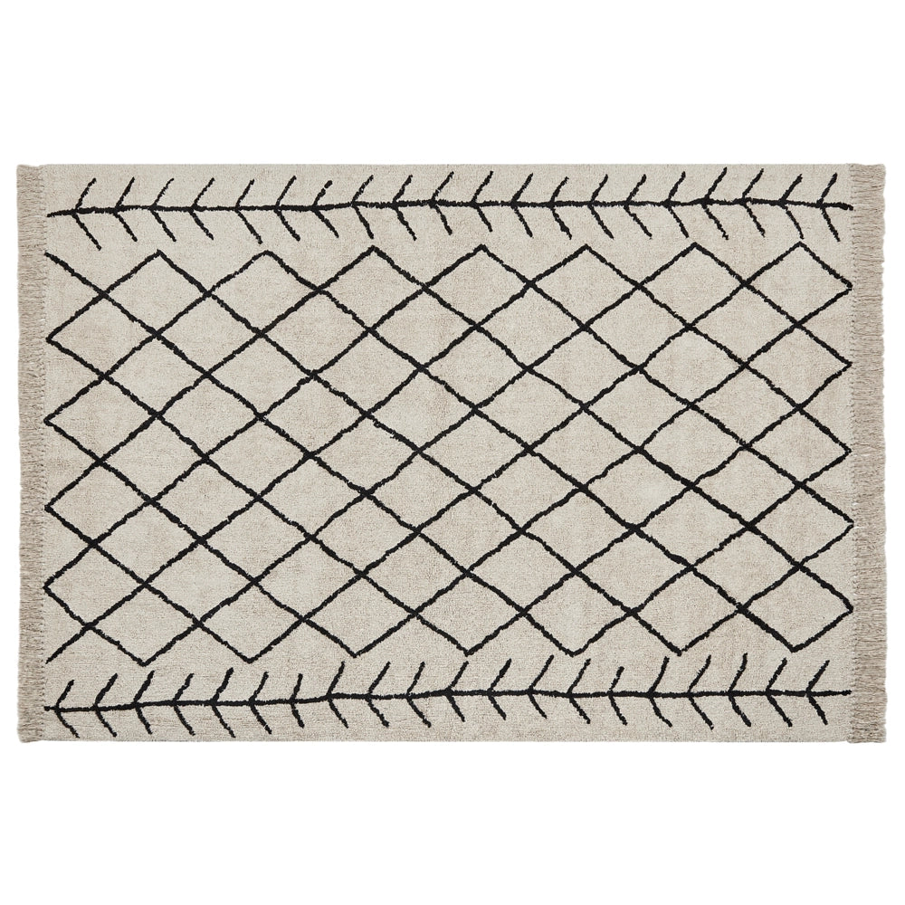 Tappeto in cotone beige e nero con motivo geometrico e nappe 160 x 230 cm camera da letto soggiorno