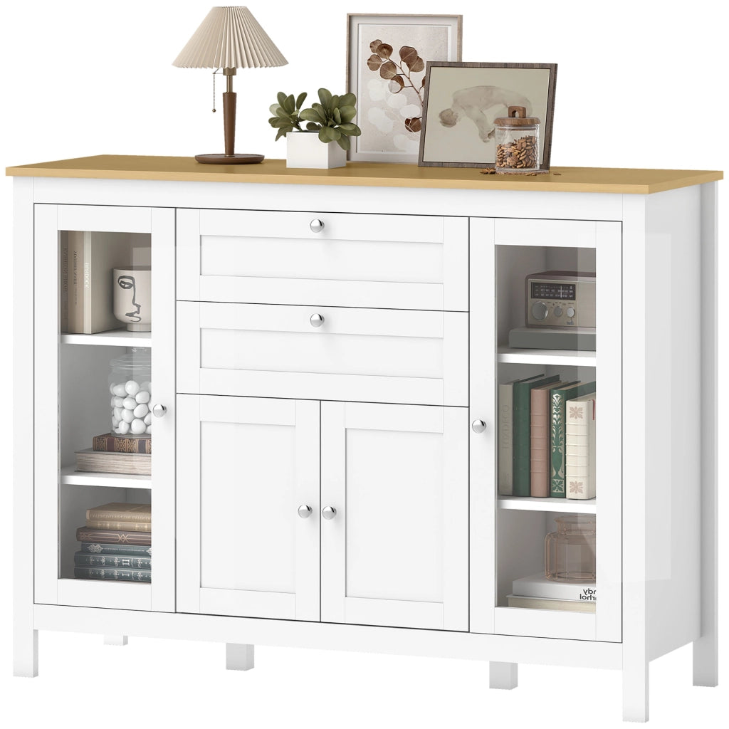 Mobile Cucina con 2 Cassetti e 3 Armadietti. Ante in Vetro e Ripiani Regolabili. 120x40x90 cm. Bianco e Rovere