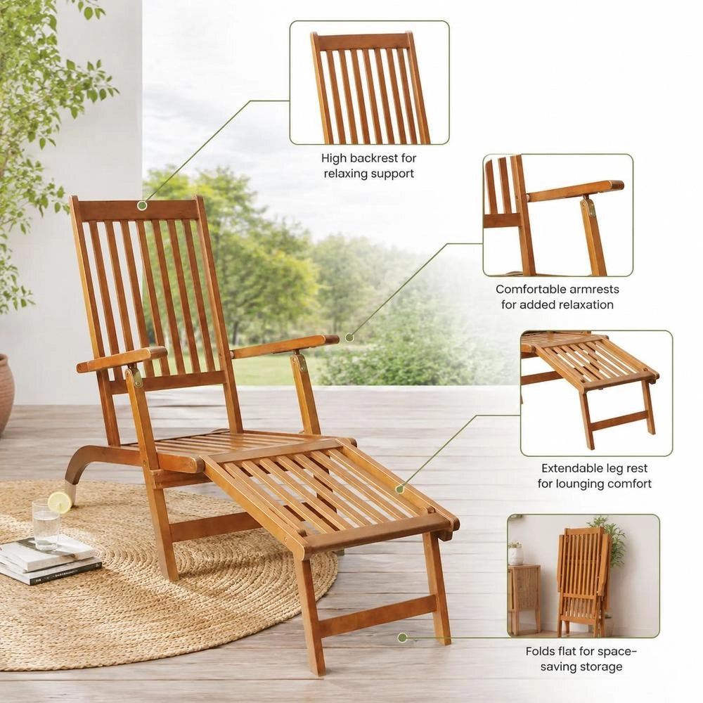 Garden Lounger With Footrest, Solid Acacia Wood