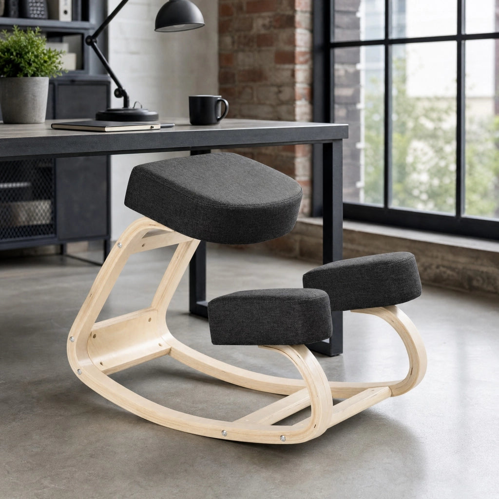 Sedia da Ufficio Sedia Inginocchiata Ergonomica con Altezza Regolabile per Studio in Legno Nero 51 × 69 × 58 cm
