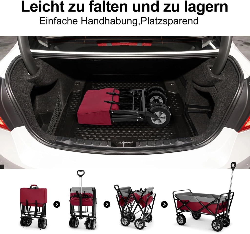 Carrello da Giardino Pieghevole, con Maniglia Regolabile, Carrello da Spiaggia Portatile con Tasche Laterali per Spesa, Picnic, Adatto a Vari Suoli, Portata 80 kg, Fucsia+Grigio