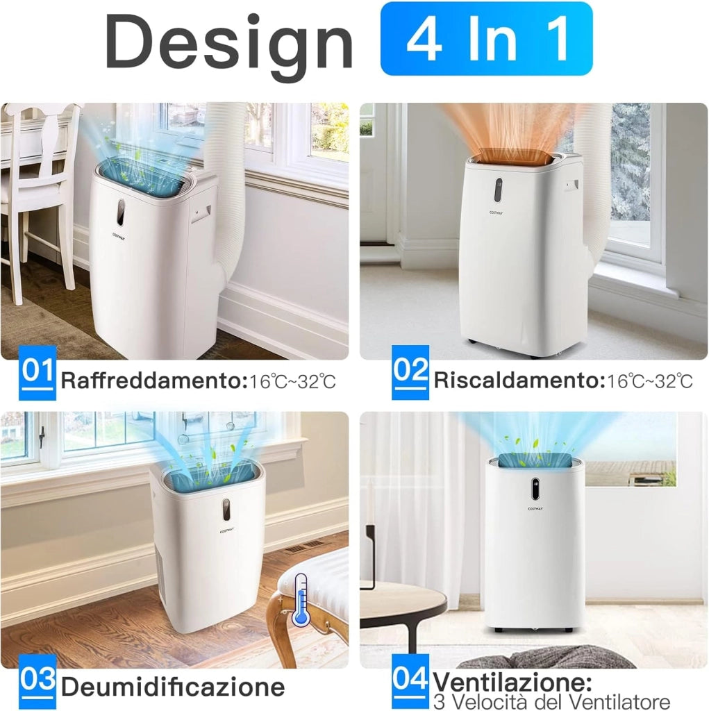 Condizionatore Portatile Caldo e Freddo, 14000BTU/4,1 kW, 5 in 1 Con Raffreddamento, Riscaldamento, Ventola, Deumidificazione e Modalità Notturna, 24H Timer, R290 (14000BTU|28m²+)