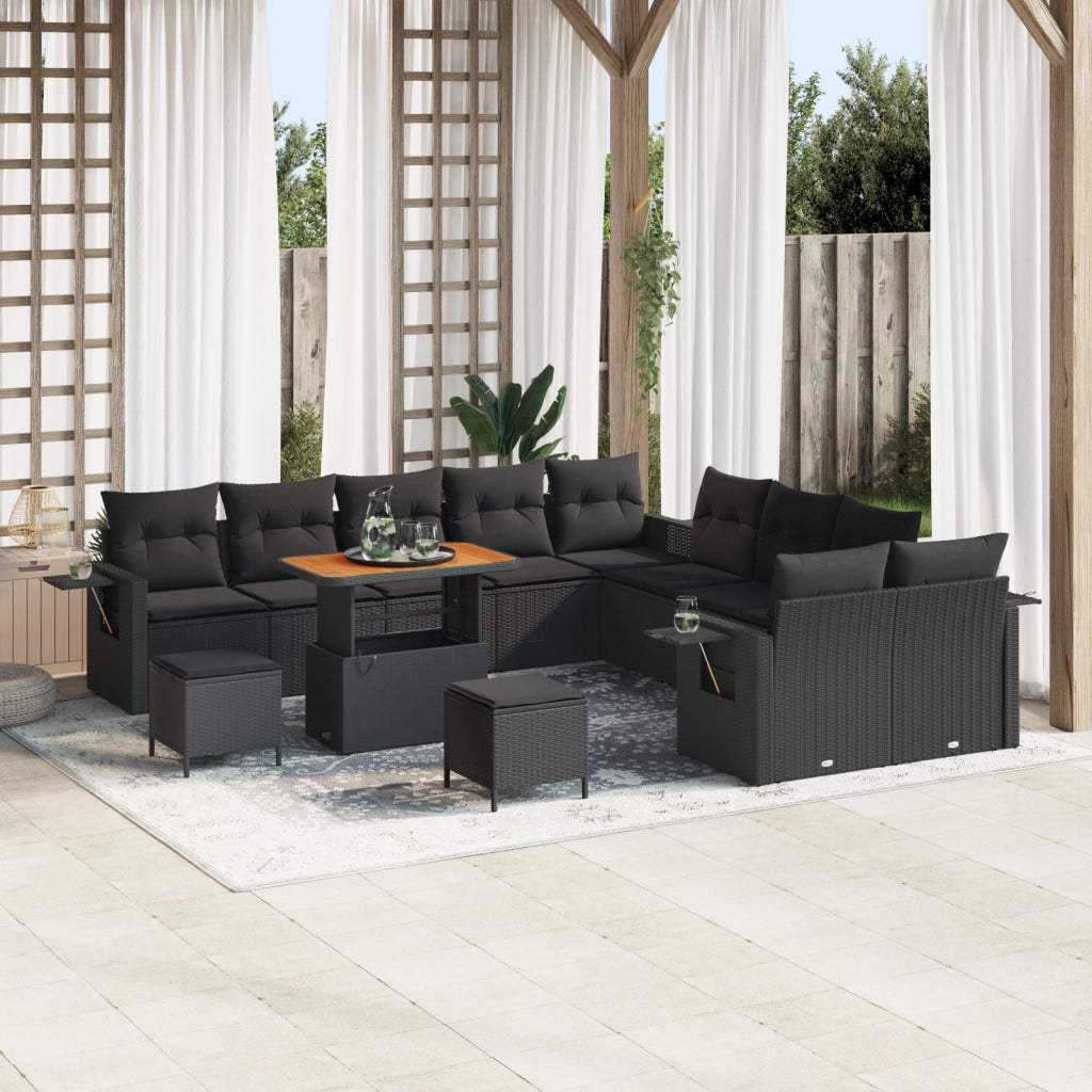 Set di Divani da Giardino 13 Pezzi con Cuscini Nero Polyrattan Acacia
