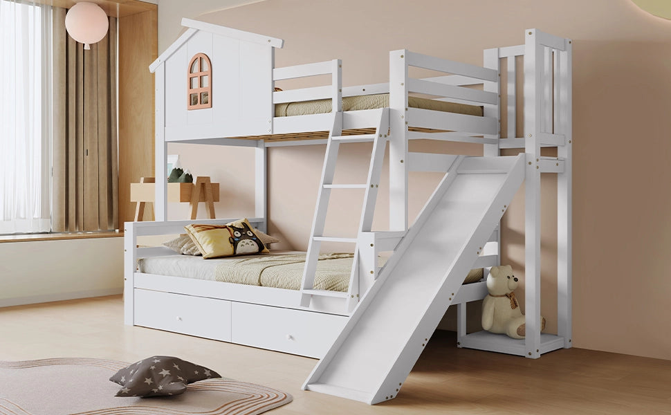 LETTO a castello con finestra e scivolo 90x200/120x200 cm Bianco
