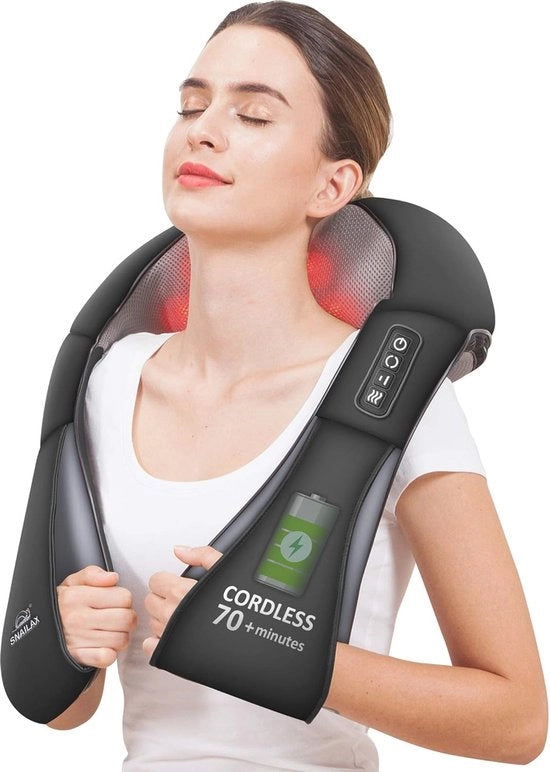 Apparecchio di massaggi in rilievo wireless per collo, schiena e spalle con calore - Cuscino di massaggi a rilievo 4D ricaricabile
