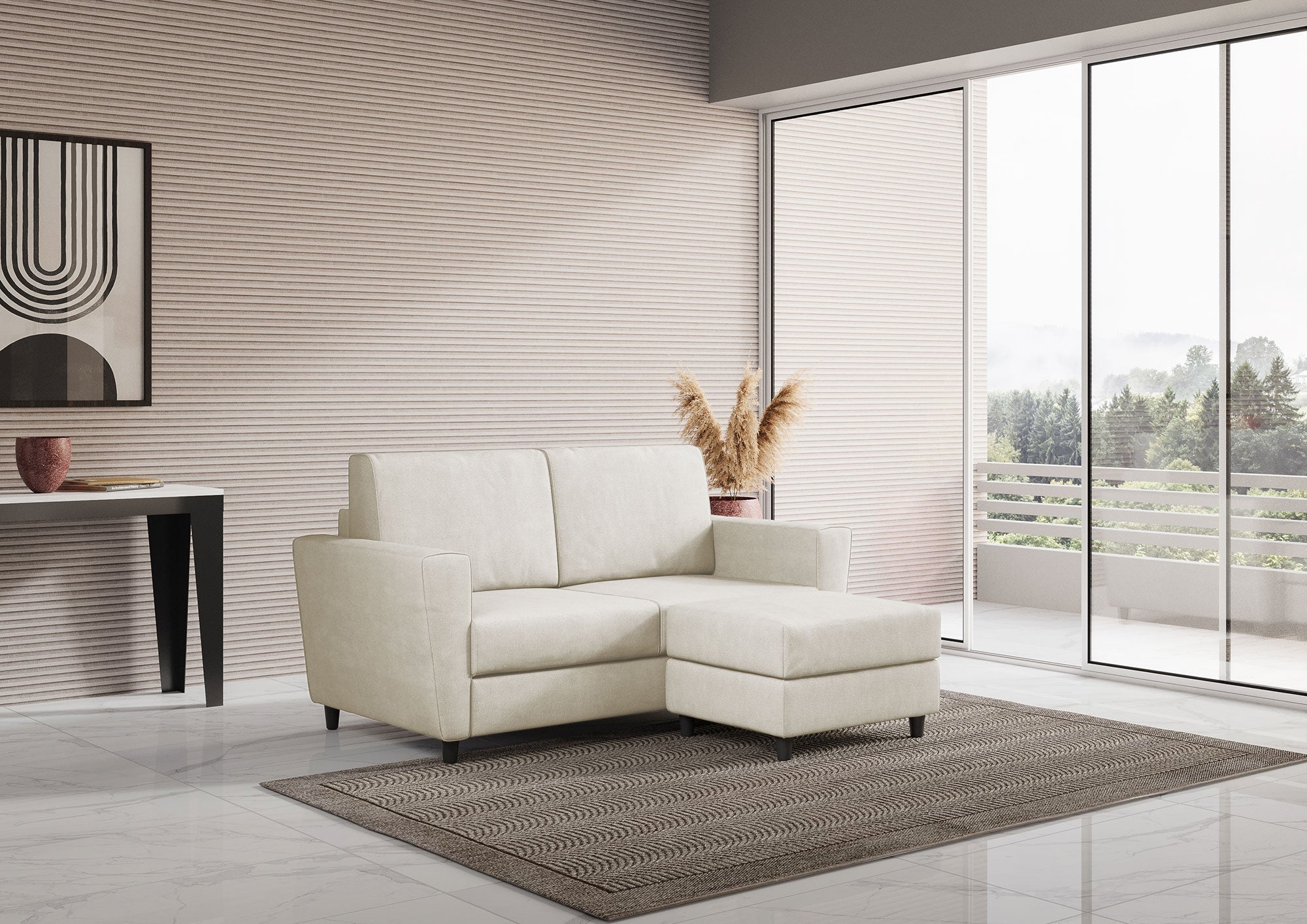 Divano 2 Posti con Pouf 172x145x85 cm Yasel in Tessuto Latte