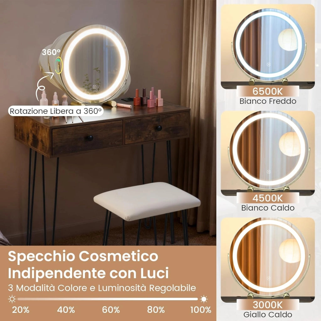 Toeletta Trucco con Specchio e Luci, Tavolo Trucco con Specchio Regolabile, Stazione di Ricarica Integrata, 2 Cassetti, Sgabello Imbottito, per Soggiorno Camera da Letto