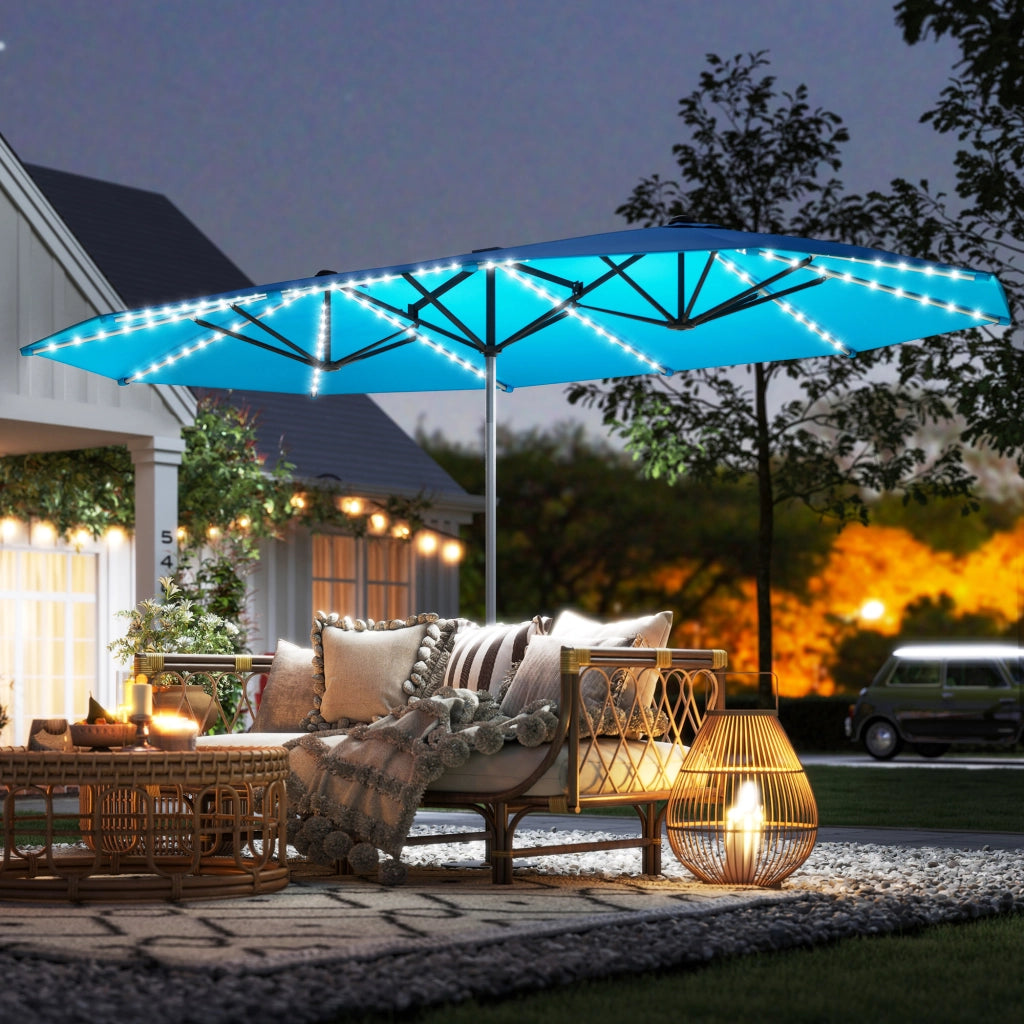 Ombrellone doppio con luci solari ¨C zephmum ¨C Blu, Poliestere, Alluminio