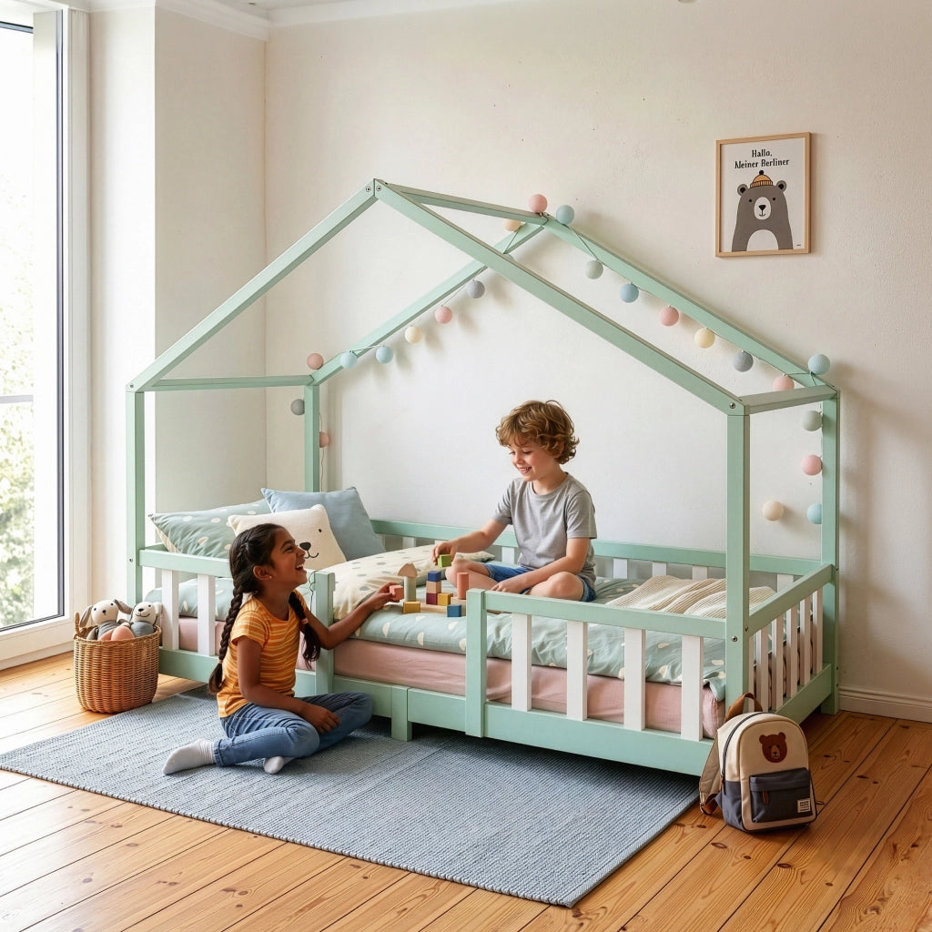 Letto per Cameretta Treviolo a Forma di Casetta in Stile Montessori con Materasso 90x200 cm - Menta Verde/Bianco [en.casa]