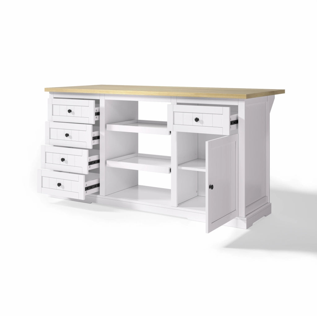 Sideboard bianco multifunzione con 5 cassetti, 2 ripiani estraibili e piano allungabile, 150×65×75 cm