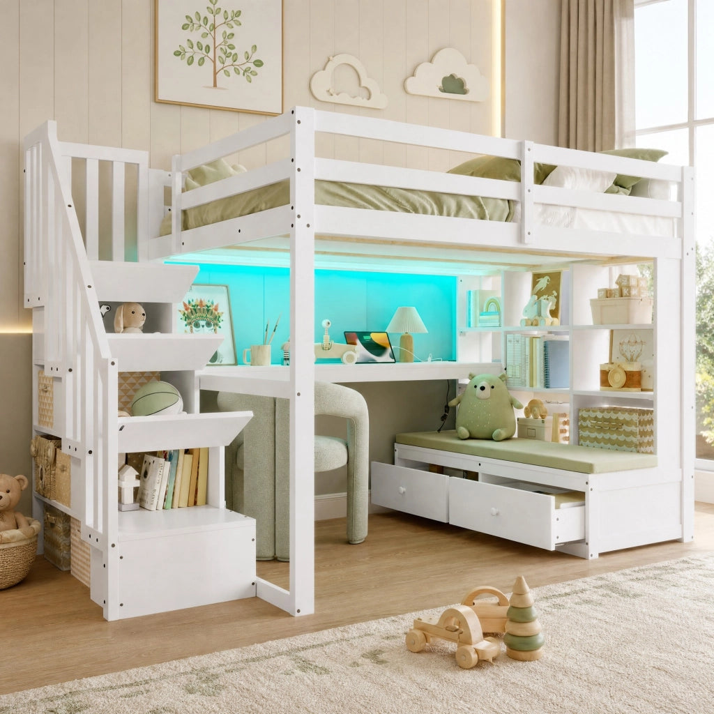 Letto a soppalco 140x200 con scrivania, ripiani, cassetti e scala contenitiva