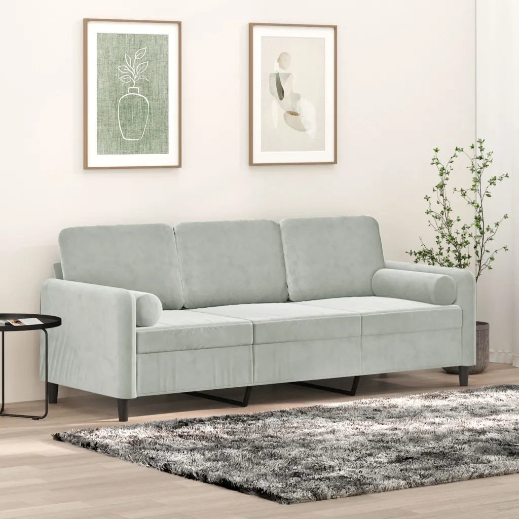 Divano | Divano da soggiorno | Sofa a 3 Posti con Cuscini Grigio Chiaro 180 cm in Velluto
