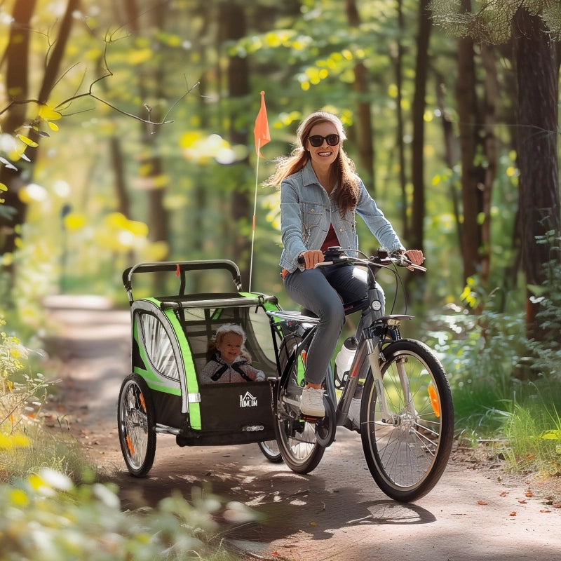 Rimorchio per bicicletta 2 in 1 per 2 bambini, funzione di spinta, parapioggia, freno, verde