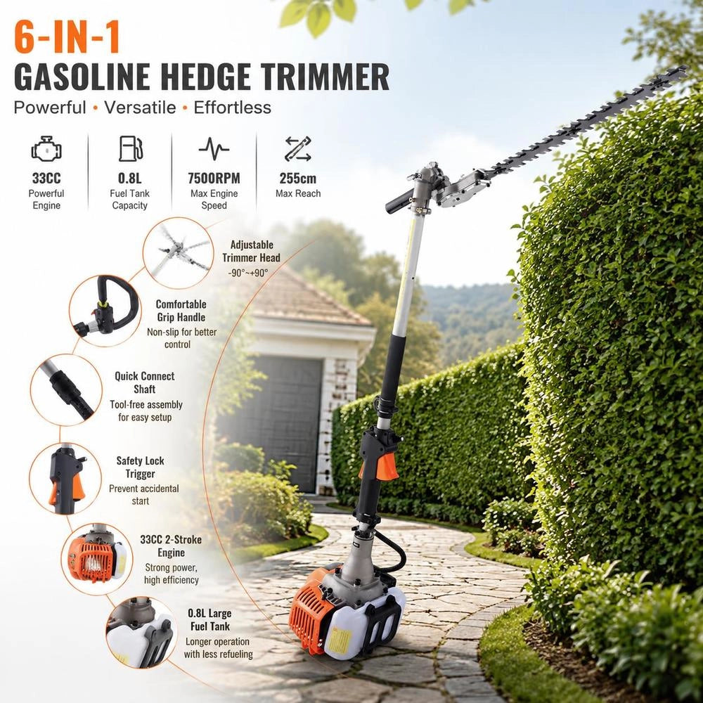 6-in-1 Petrol Hedge Trimmer, 33cc Long-reach Hedge Trimmer, 0.8L