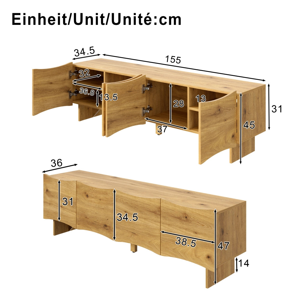 OKWISH Mobile TV con 4 Ante e Passacavi, Frontali Ondulati, per Soggiorno, in Pannelli di Particelle, 155 x 36 x 47 cm