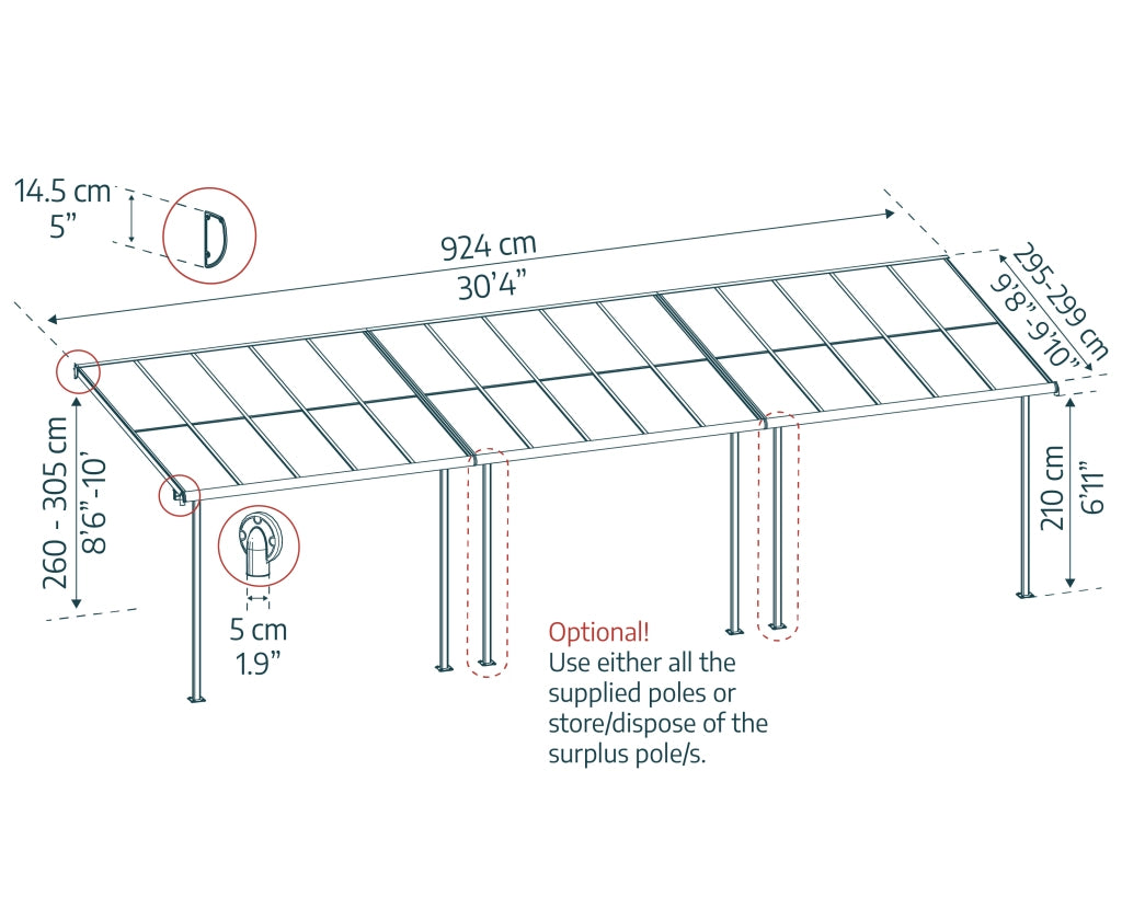 Canopia Sierra Cabrio Pergola Addossata in Alluminio 3X9.2 m Struttura grigia / Pannelli grigio opaco