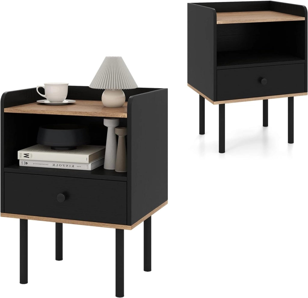 Comodino in Legno con Cassetto, Tavolino da Salotto con Ripiano Aperto, Comodino Moderno per Camera da letto, Soggiorno, Cameretta, 40,5 x 35 x 56 cm (1, Nero)