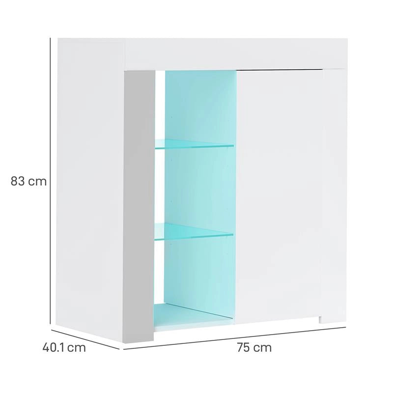 MOBILE CONTENITORE A LED CON 3 RIPIANI APERTI E ARMADIETTO A 2 LIVELLI IN LEGNO E VETRO 75X40.1X83 CM BIANCO
