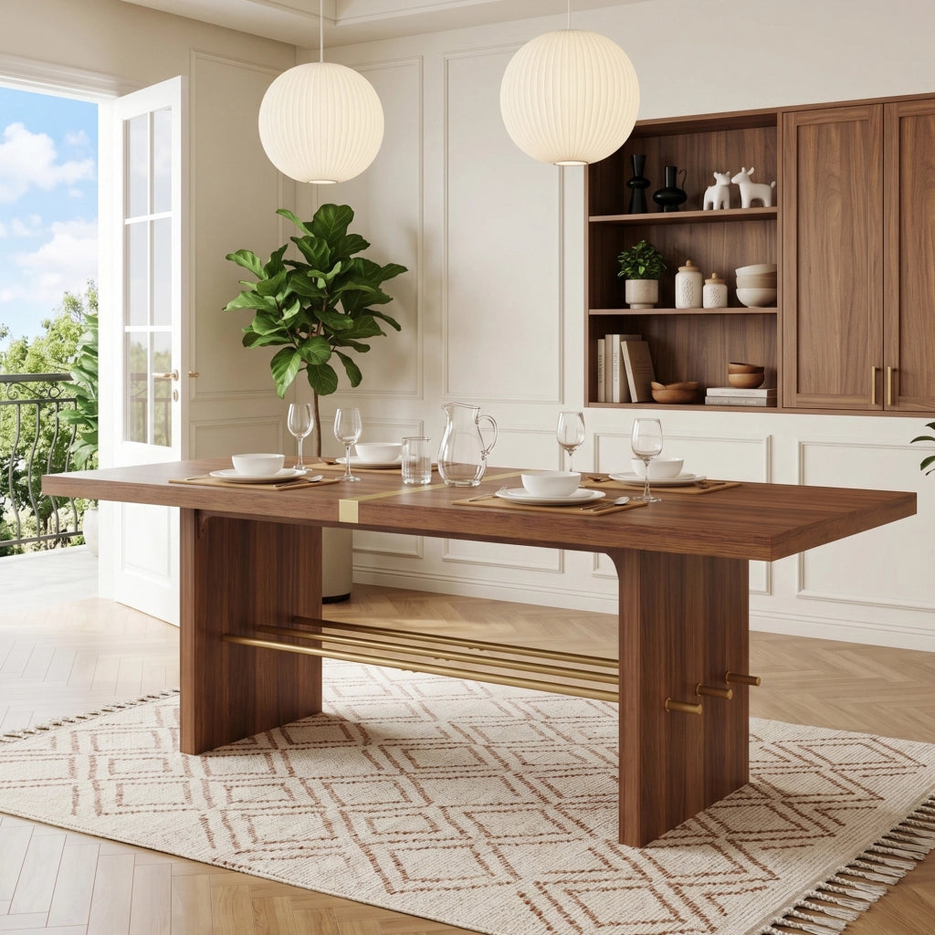 Tavolo da pranzo 6 posti con piano da 4 cm e traversa - in MDF - 180×75×75 cm - noce