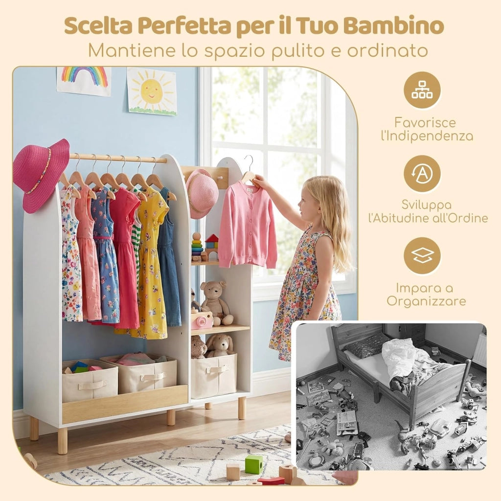 Guardaroba per Bambini, Armadio Gioco con Specchio e Luci, Guardaroba Aperto con Ripiani e Ganci, Organizer per Stanza e Camera da Letto, 91x28x110 cm
