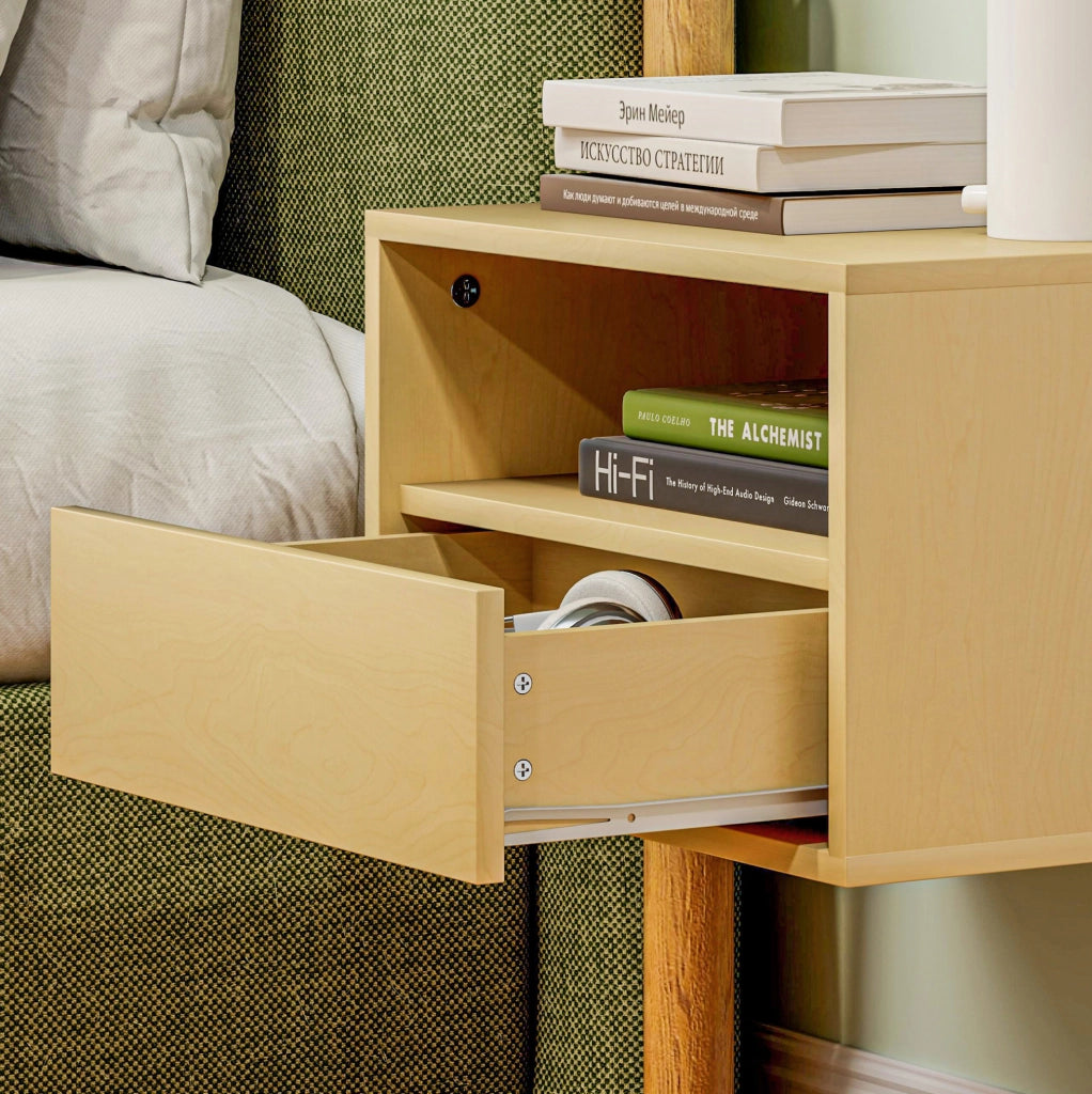 Comodino sospeso 45x35x27.5 cm con cassetto e ripiano aperto in legno naturale