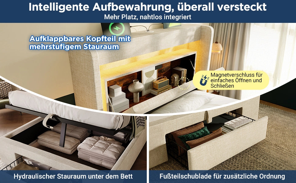 Letto Imbottito Contenitore 90x200 con LED, USB, Testiera e Materasso ¨C MINIMAL ¨C Beige Lino
