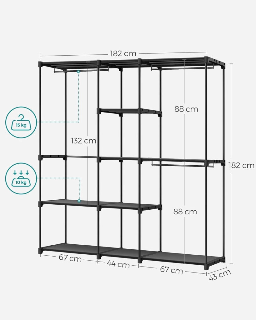 SONGMICS Armadio, Guardaroba Autoportante, con Barre Appendiabiti, Portabiti Ripiani in Tessuto, Struttura in Metallo, 182 x 43 x 182 cm, Nero Inchiostro RYG037B02