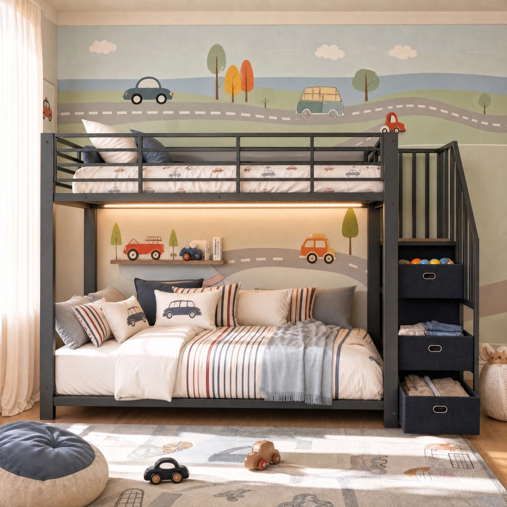 Letto a castello 90x200 cm con scala contenitore; LED e prese in MDF e metallo nero