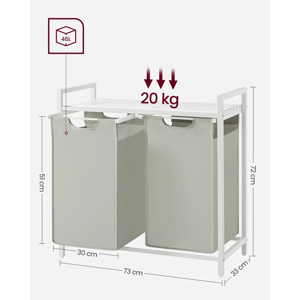 Cesto portabiancheria con 3 scomparti e 1 ripiano portaoggetti 73 x 33 x 72 cm sacchetti estraibili per bagno/lavanderia bianco 12_0006763