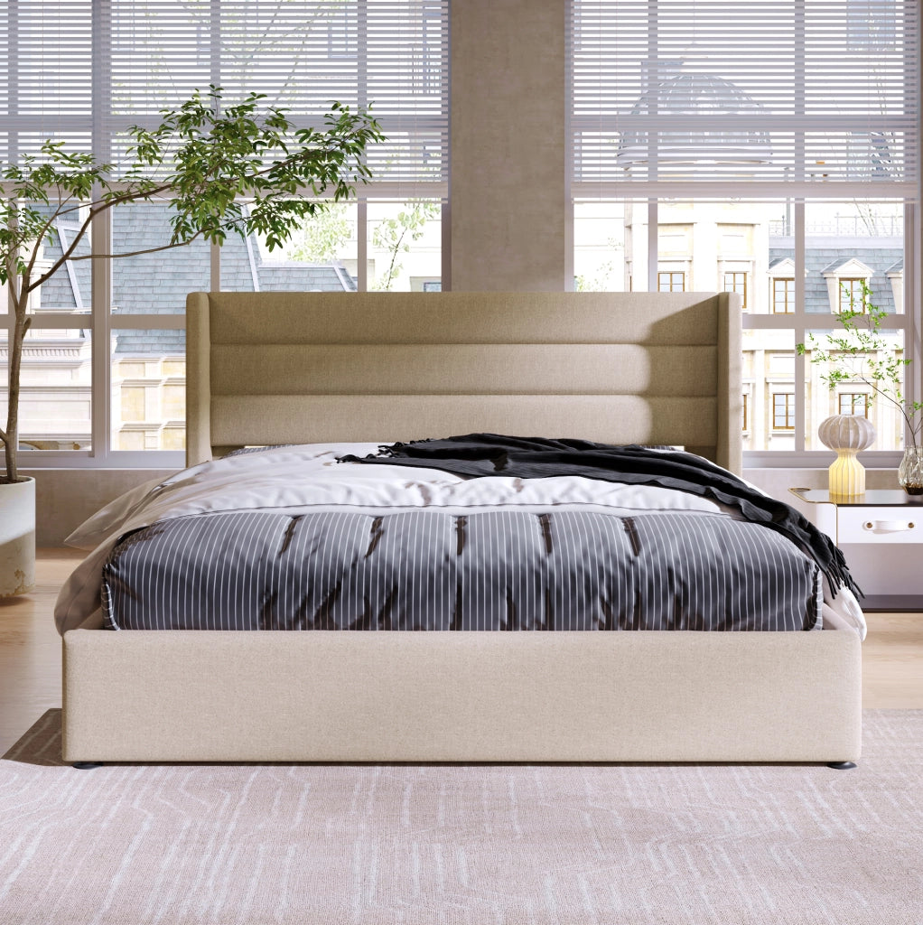 Letto contenitore matrimoniale 140x200 cm in lino beige con rete sollevabile e testiera imbottita