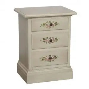 Comodino in legno Shabby chic 3 cassetti bianco anticato decorato a mano