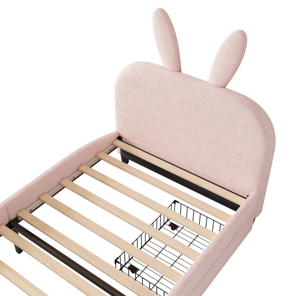 Letto 90x200 cm con 2 cassetti; testiera a coniglio; MDF e tessuto peluche rosa