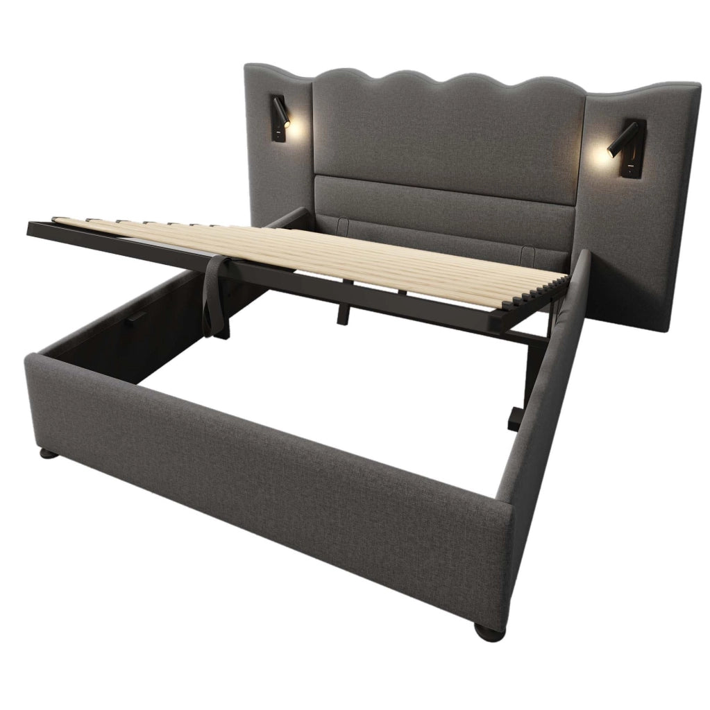 Letto matrimoniale contenitore ULEVR 160x200 cm con lampada orientabile, 2 USB e 2 Type-C, lino grigio
